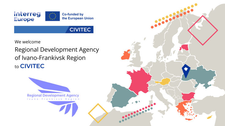 CIVITEC logo + map europe welcoming the RDA of Ivano-Frankivsk Region to CIVITEC partnership