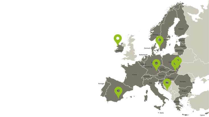 Map of GREENHEALTH partners Of Europe. Where the different partners are located is signalled with a "drop shape" pointer