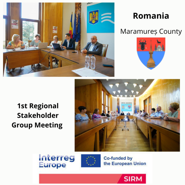 2 photos of people attending the meeting and Maramures County coat of arms.