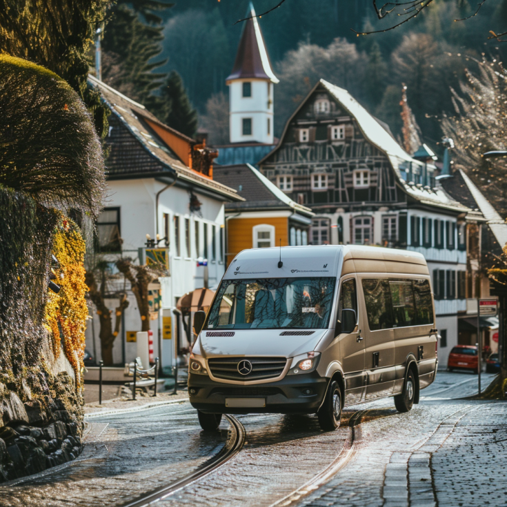 Mini bus driving in a town