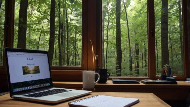 A cozy office room with a desk. On the desk, there is an open laptop with a beautiful forest scene displayed on the screen. The room is well-lit, with a window in the background showing some natural light coming in. The desk also has some office supplies like a pen holder, a notebook, and a coffee mug. The overall atmosphere is calm and inviting, perfect for a productive work 