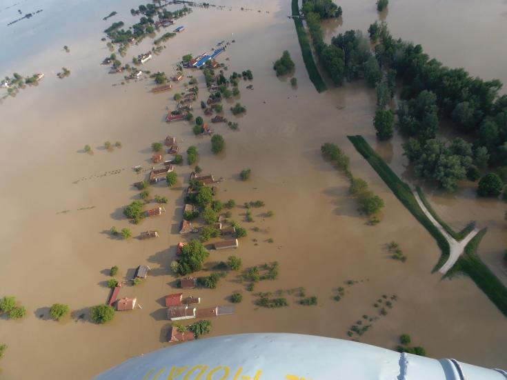 An aerial photo from a flooded village