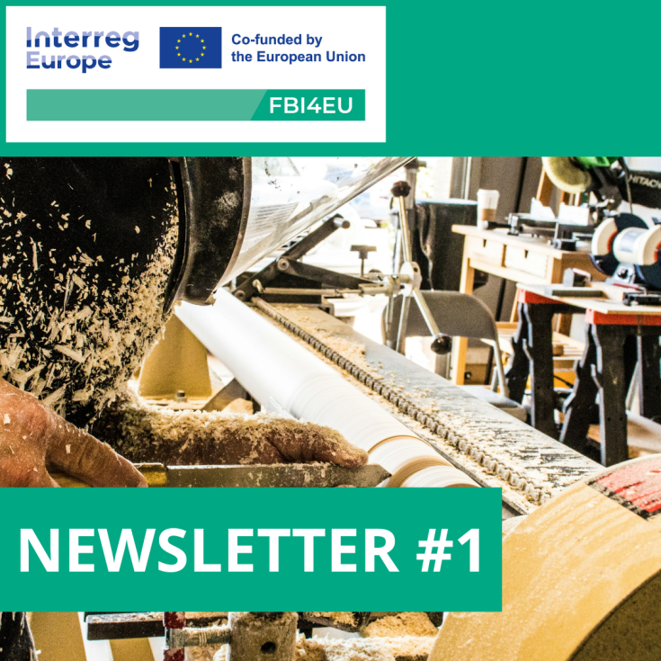 Image showing a woodworker operating a machine in a woodworking shop, with sawdust flying from a lathe. The image also features the Interreg Europe logo and the text 'Newsletter #1' for the FBI4EU project, co-funded by the European Union.