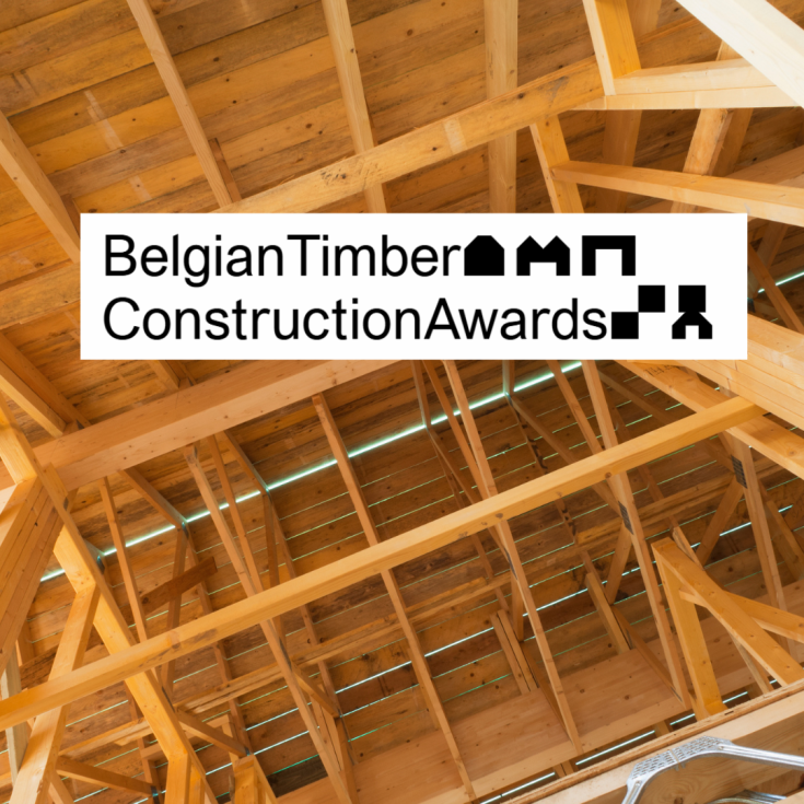 A wooden roof structure with visible beams and rafters, symbolizing timber construction. Overlaid is a logo reading "Belgian Timber Construction Awards" in black text, with geometric shapes representing buildings incorporated into the typography.