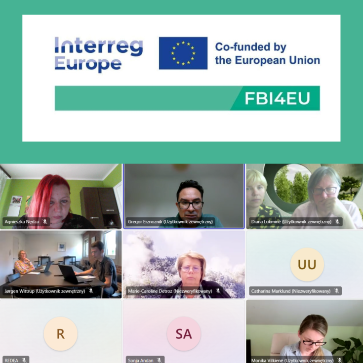 Screenshot of an online workshop with multiple participants from various partner organizations, featuring the Interreg Europe logo and the 'Co-funded by the European Union' banner for the FBI4EU project. The video conference shows attendees in discussion, with some on video and others represented by initials.