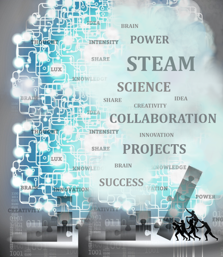 Steam blowing and words on it connected with cooperation. At the bottom a gropu of people lifting up together a pilar, as a symbol of building/creating jointly