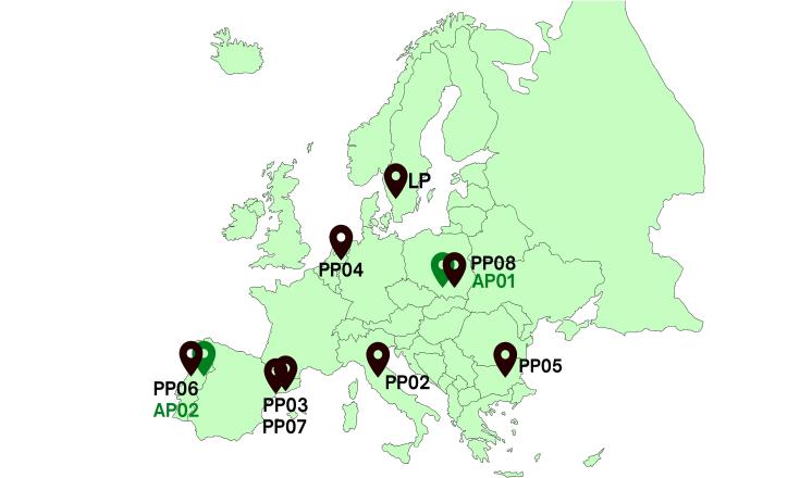 Map of Europe. Needles inserted for location of each TEXAD partner