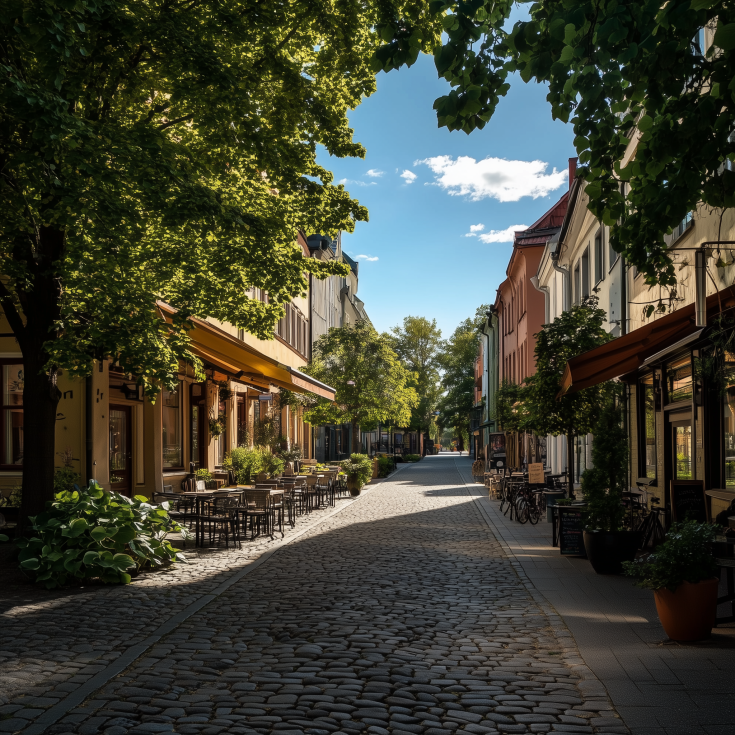 A pêdestrian street with colored buildings 