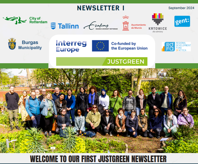 frontpage of newsletter issue one with partner logo's and a group photo of all the partners in a garden