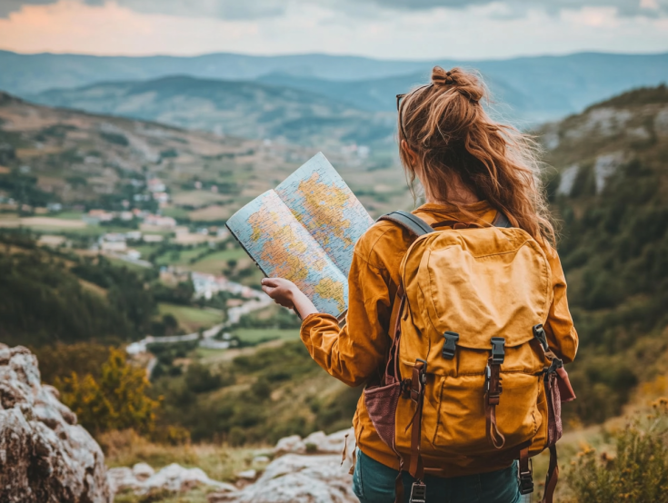 Woman with map looking out over landscape