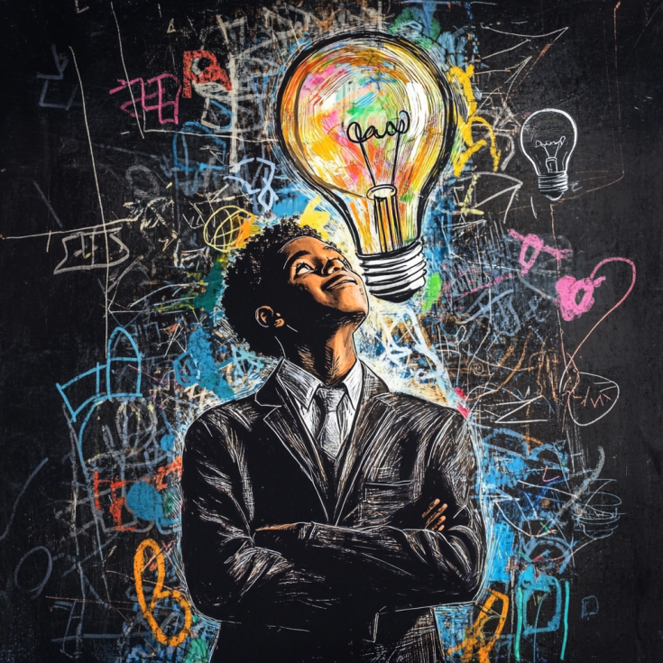 Youth entrepreneur looking at colourful lightbulb