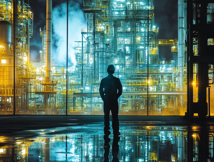 person looking to a construction site during night