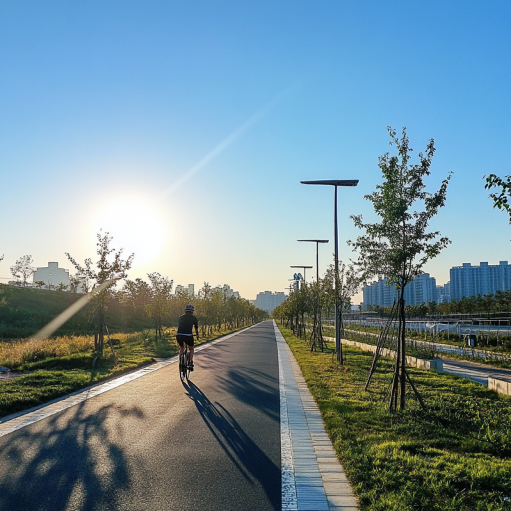 urban cycling path. Style: sunlight and clear sky and there is a cyclist urban cycling path. Style: sunlight and clear sky and there is a cyclist