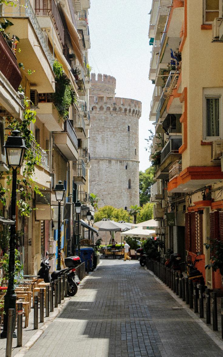 Thessaloniki street with a tower in the background