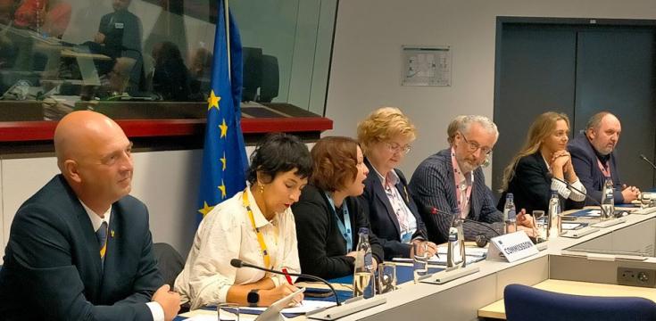 Panel members sitting at microphones in the meeting room