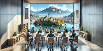 A group of professionals seated around a conference table in a modern meeting room with large windows. The windows offer a stunning view of a picturesque town with a church on an island, surrounded by a lake and mountains. The participants are engaged in discussion, with laptops and documents in front of them, and a flip chart with graphs and charts visible in the room.