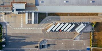 Birdview of logistics area and parked trucks