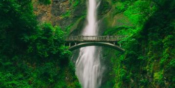 Bridge in front of a waterfall and green scenery Bridge in front of a waterfall and green scenery