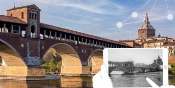 Image of the CHARME "digital Cultural Heritage Activities acRoss Multiple European regions" project co-financed by the European Union – Interreg Europe Programme. It shows the "Covered Bridge" (Ponte Coperto) of Pavia (lead city) and the same bridge in a vintage photo reproduced on a tablet.