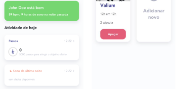 Dahsboard of the app showing user OK and also medication reminder screen App view dashboard