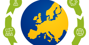 Recycle arrows with 7 images representing chemicals, leave, world, ideas, policies, people and in the middle the EU in yellow and blue