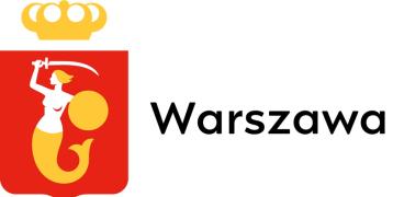 on the left, the coat of arms of the city of Warsaw on a red background, a mermaid holding a sword in her right hand and a shield in her left. on the right side, the inscription Warszawa