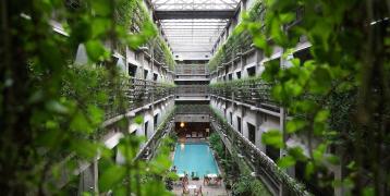 Hotel interior, modern architecture, green building, urban style, ecohotel displaying an indoor swimming pool and green planting