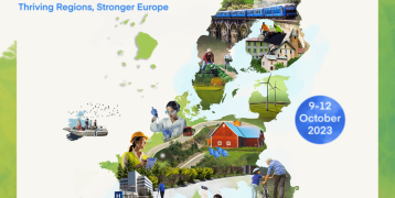 21st edition of EURegionsWeek logo with pictures of people displayed over a map of Europe