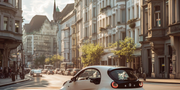 Electric vehicle driving through city