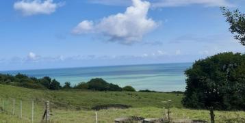 Lush green field with in the background the view of a clear water blue sea Lush green field with in the background the view of a clear water blue sea