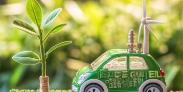 Green hydrogen displayed as miniature car on grass field with wind turbine