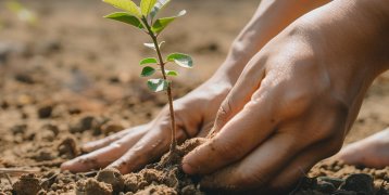 Hands of a person planting a small plant in dry ground