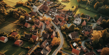 Helicopter view of a village in Europe in a rural area