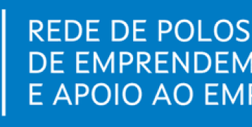 Against a blue background, the text reads "REDE DE POLOS DE EMPRENDEMENTO E APOIO AO EMPREGO" (Network of Entrepreneurship and Employment Support Hubs).  Against a white background, a chalice is depicted with a circle above it, a crown, and seven crosses.