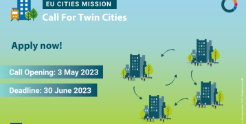 EU Cities mission call for twin cities text on a green-blue background