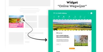 The image shows what the Online Widget Tool looks like on an external website and what it looks like after it is clicked and used.