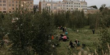 People sitting in a garden with buildings in the background