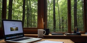 A cozy office room with a desk. On the desk, there is an open laptop with a beautiful forest scene displayed on the screen. The room is well-lit, with a window in the background showing some natural light coming in. The desk also has some office supplies like a pen holder, a notebook, and a coffee mug. The overall atmosphere is calm and inviting, perfect for a productive work 