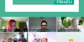 Screenshot of an online workshop with multiple participants from various partner organizations, featuring the Interreg Europe logo and the 'Co-funded by the European Union' banner for the FBI4EU project. The video conference shows attendees in discussion, with some on video and others represented by initials.