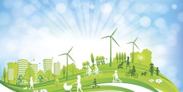 a park, a mother with trolley, small children playing, wind power plant, families walking, buildings, blue sky