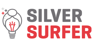 Pictogram of a lighbulb with the words "Silver Surfer" in grey and red on the right 