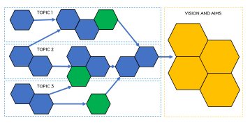 A simplified visual representation of transition pathways as hexagons in different colours, leading to vision and aims.