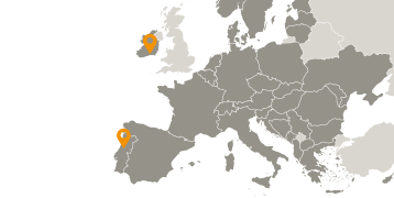 Map indicating Cork, Ireland and Coimbra, Portugal