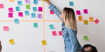 Woman sticking sticky note on wall