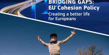 The text "Bridging the Gaps: EU Cohesion Policy; Creating a better life for Europeans" is at the top of this image, covering a bridge over very blue water at night. There is a diagonal slash, to separate the image with a second photo underneath of a young boy who is standing with his arms raised up.