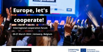 #europecooperates 2024 - 20-21 March, Antwerp (Belgium) #europecooperates event announcement text (20-21 March 2024, Antwerp, Belgium) overlaid on an image of audience with raised hands looking towards a stage at an event