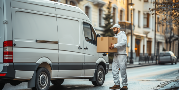 a man picking a parcel in front of a white van. 