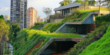 city view with buildings covered with grass 