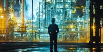 person looking to a construction site during night