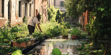 woman gardening in a city next to a river 